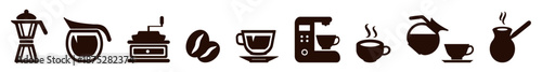 Set of solid dark brown coffee icon isolated on transparent background. Includes cups, beans, coffee machine, retro manual grinder, Turkish coffee pot, and geyser coffee maker.