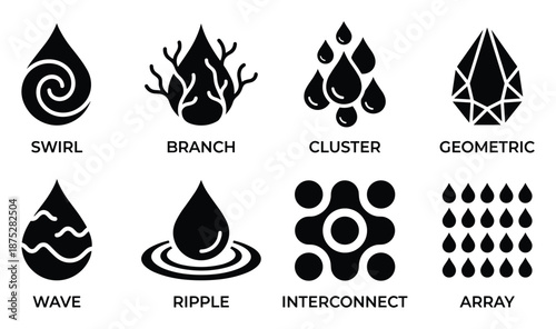 Diverse Vector Water Drop Icon Set: Swirl, Branch, Cluster, Geometric, Wave, Ripple