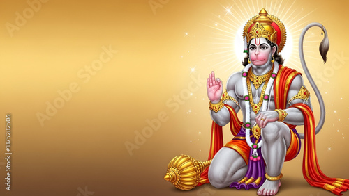 Divine artistic depiction showing lord hanuman sitting peacefully with blessing gesture sacred aura shining behind symbolizing strength devotion courage and spiritual power worshipped across hindu 