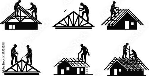 Black Silhouette Vector Set of Construction Workers Building and Repairing House Roofs, Including Gable Trusses, Shingling, and General Residential Framing Icons