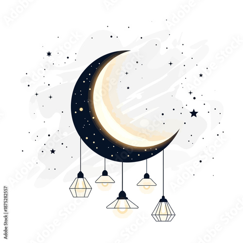 Crescent moon with hanging lanterns and stars, night sky illustration