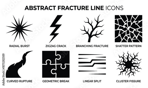 Abstract Black Fracture Line Icons Set - Crack, Shatter, Break and Rupture Designs