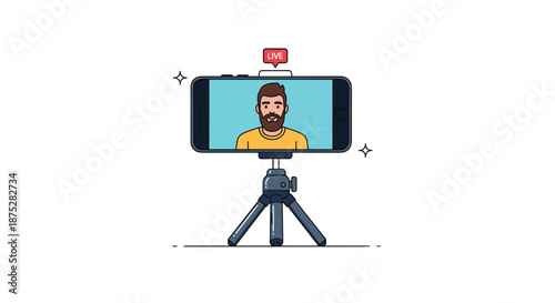 Smartphone mounted on a tripod displaying a bearded man conducting a live video stream for social media content creation.