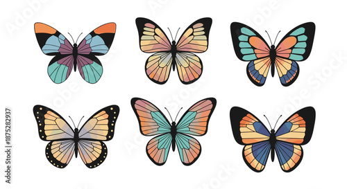 Set of six beautifully illustrated butterflies with diverse wing shapes and vibrant color combinations on a white background.