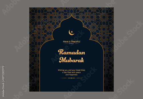 Editable Ramadan Mubarak Greeting Post with Crescent Moon, Star on Elegant Golden and Blue Islamic Pattern Background for Social Media.