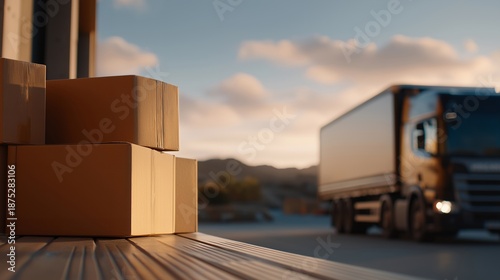 In a distribution workflow, boxes get packed and loaded onto a large truck standing outside the warehouse, highlighting freight movement and operational efficiency. cinematic color correction,