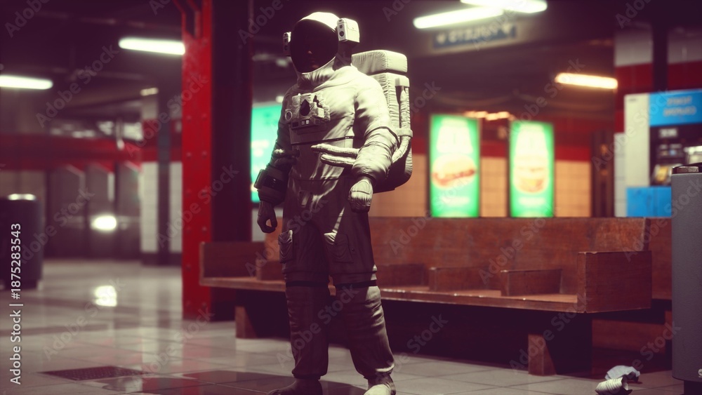 Obraz premium An astronaut suit clad figure stands in a bustling subway station, surrounded by vibrant advertisements and empty benches. The dim lighting enhances the surreal atmosphere of the scene.