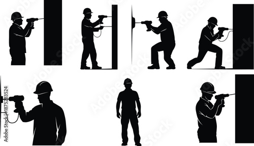 Construction Worker Electrician Drilling Hole in Wall Silhouette Set, Industrial Laborer in Hard Hat Using Power Tool, Vector Illustrations for Engineering and Building Trades.