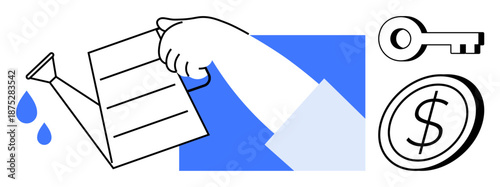 Financial planning, resource management, business growth, wealth accumulation, goals achievement, sustainability. Hand watering with a can, key and dollar coin. Financial planning and resource