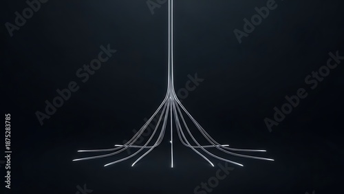 A futuristic chandelier hangs elegantly from the ceiling, its sleek design illuminated against a dark background.