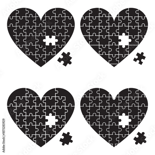 Black and White Heart Puzzle Set With Missing Pieces Love Concept Symbolizing Relationships Unity Mental Health Vector Illustration