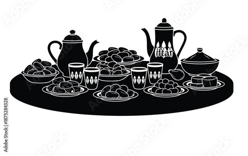 Silhouette of traditional middle eastern tea and coffee set featuring ornate pots and small glasses on round platter