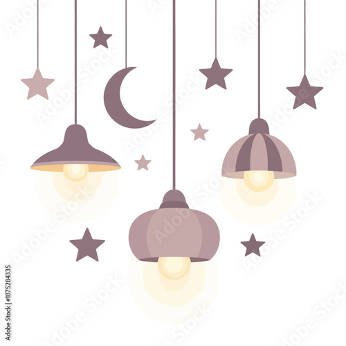 Dreamy night sky with hanging lamps, crescent moon, and stars. Soft pastel colors.