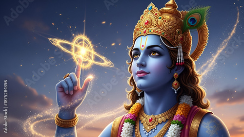 Krishna blessing with glowing sudarshan chakra spinning at fingertip with divine cosmic light aura showing hindu devotion peace faith spirituality and ancient culture inspiration