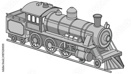 Vintage steam locomotive engine with detailed wheels and smokestack on railway tracks industrial transportation concept