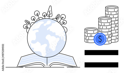Earth with plants atop an open book beside stacked coins and equality bars. Ideal for sustainability, education, environmental investment, balanced growth, economy, equality, learning. A simple flat