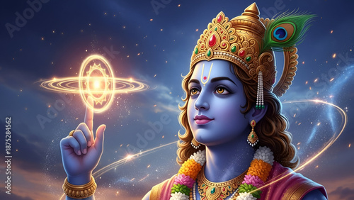 Krishna blessing with glowing sudarshan chakra spinning at fingertip with divine cosmic light aura showing hindu devotion peace faith spirituality and ancient culture inspiration