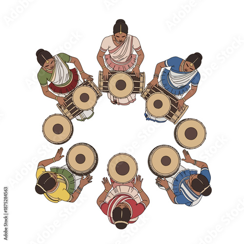 Joyful illustration of women drumming in a circle, celebrating the essence of sinhala traditional awurudu sri lanka. A vibrant cultural and festive scene