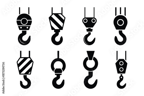 Set of Eight Industrial Crane Hooks Icons industrial hook