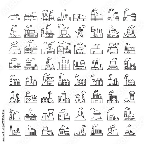 Factory and Industrial Building Icon Set Manufacturing Plant Energy Power Line Outline Collection