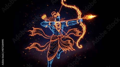 Dynamic glowing illustration showing divine warrior lord rama releasing flaming arrow with power grace and courage symbolizing protection devotion and spiritual faith during sacred ram navami celebrat