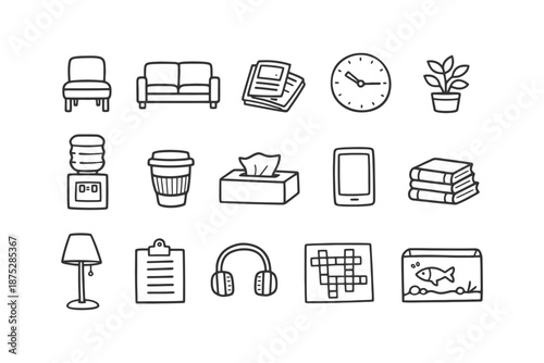 Collection of office and home essentials in simple line art style.