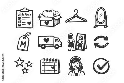 Hand-drawn fashion and shopping elements with mirror and style quiz.