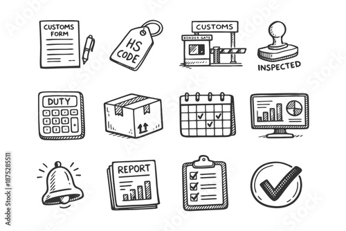 Hand-drawn customs and logistics icons set with forms, duty calculators, and inspected stamps.