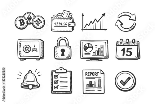 Hand-drawn finance icons: bitcoin, wallet, graph, security, calendar, checklist.