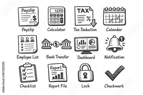 Hand-drawn office icons: payslip, calculator, tax, calendar, and more.