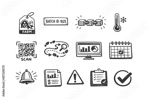 Hand-drawn doodle icons: farm, qr code, graphs, checklist, calendar, alert.