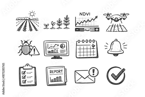 Hand-drawn agricultural icons featuring crops, growth charts, drones, and insect alerts.