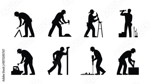 Construction workers in various tasks and tools