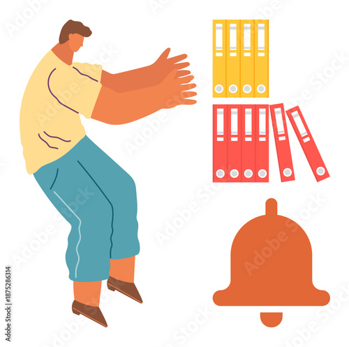 Office management, productivity, notifications, task organization, paper filing, alert systems. A man gestures toward file folders and a bell icon. Office management and productivity concept