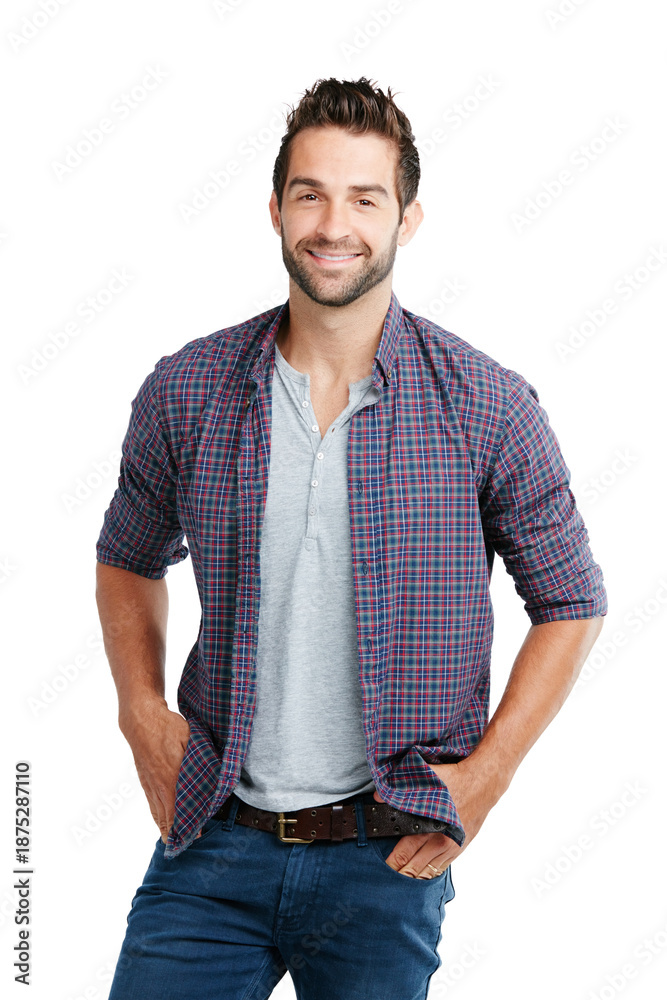 Fototapeta premium Fashion, portrait and smile of man in studio for casual outfit, clothes or relaxed style. Aesthetic, confidence and hands in pockets with happy person isolated on white background to model clothing
