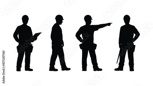 Silhouettes of construction workers in various poses