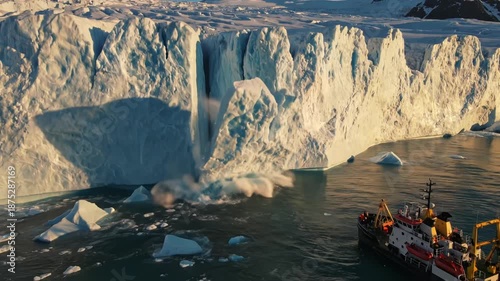 Iceberg and research vessel in polar waters