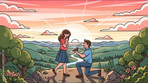 Man Proposing to Woman on Cliff during Sunset