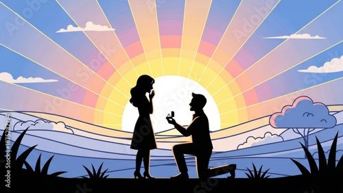 Man Proposing to Woman at Sunset on Hill with Engagement Ring