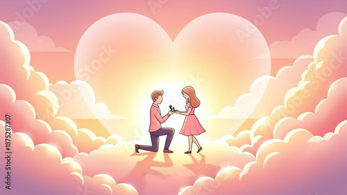 Man Proposing to Woman in Pink Dress on Clouds during Sunset
