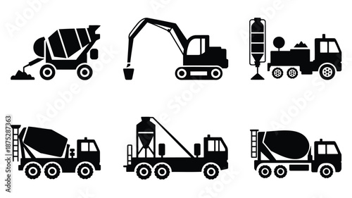 Heavy construction vehicles and equipment icons in black