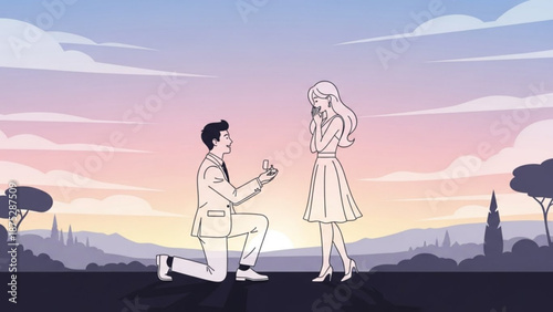 Man Proposing to Woman on One Knee during Sunset