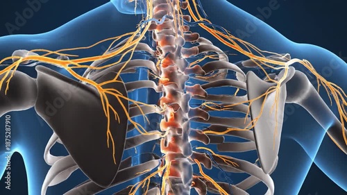 Medical illustration of human spinal cord and nervous system