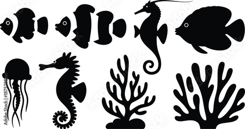 Marine Life Underwater Silhouette set