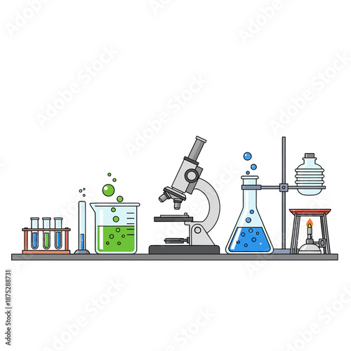 Laboratory Equipment Illustration: Microscope, Flasks, Beaker, Test Tubes, Burner