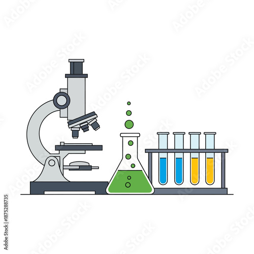 Microscope, Flask, Test Tubes: Science Laboratory Equipment Flat Illustration