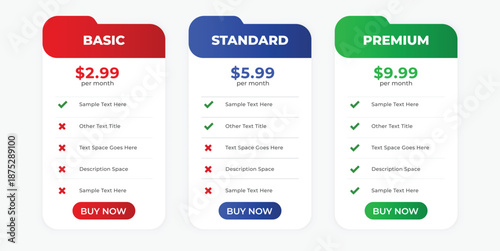 Modern Pricing Table with Basic, Standard, and Premium Subscription Plans