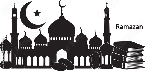Black Ramazan Mosque Silhouette with Crescent Moon, Dates, Books, and Lanterns Vector Graphic isolated PNG with Transparent Background