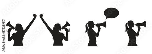 Protest and announcement concept set with silhouettes of woman shouting into megaphone with speech bubble.