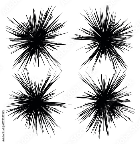 Hand drawn grunge abstract bursts set featuring spiky radial shapes for modern design